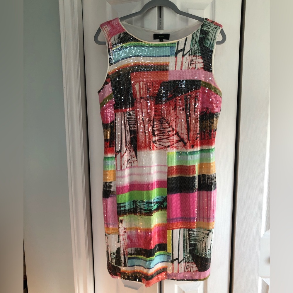 Brightly coloured sparkling dress. Size 14